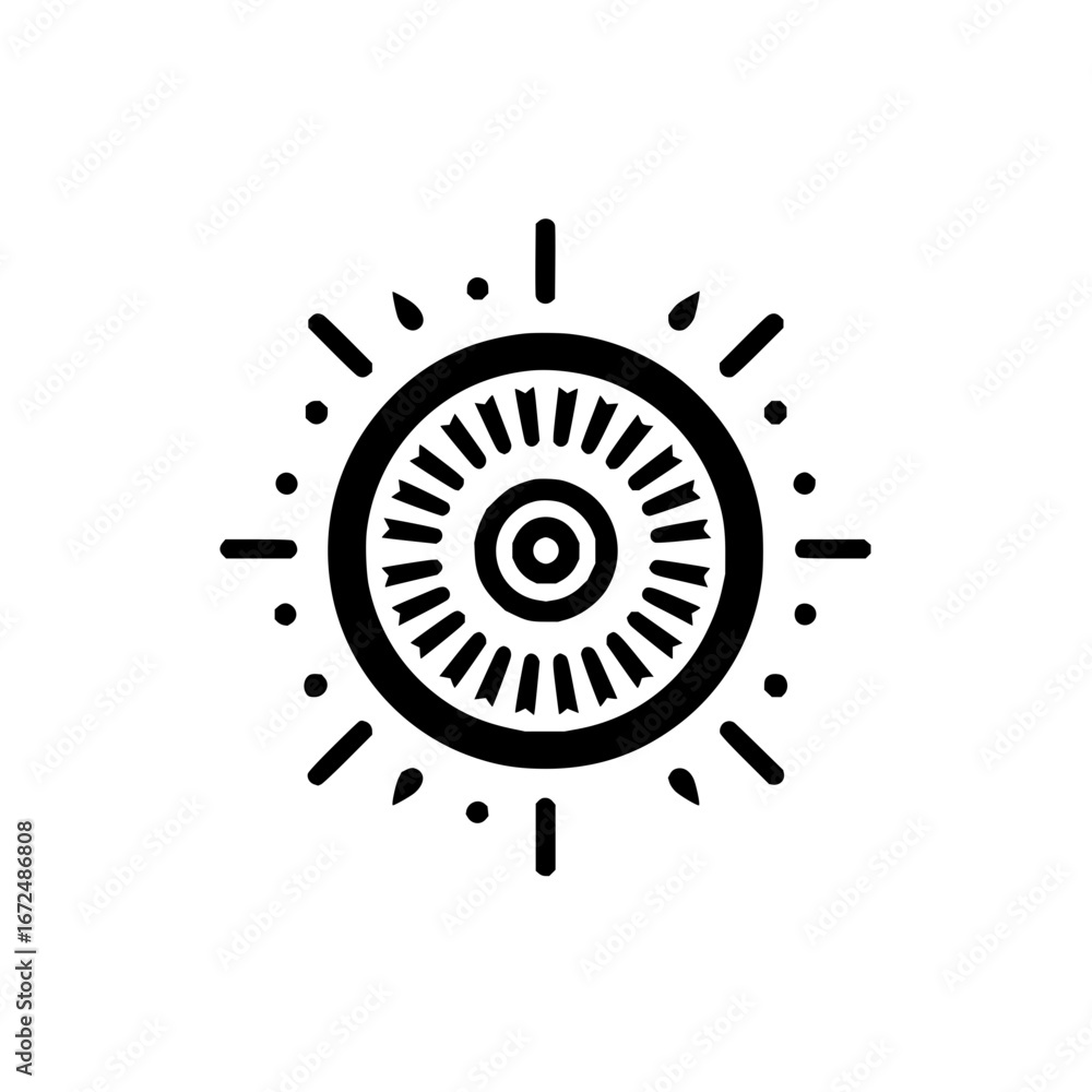 Poster circular design with radiating lines and dots creating a sun like appearance in black and white styl