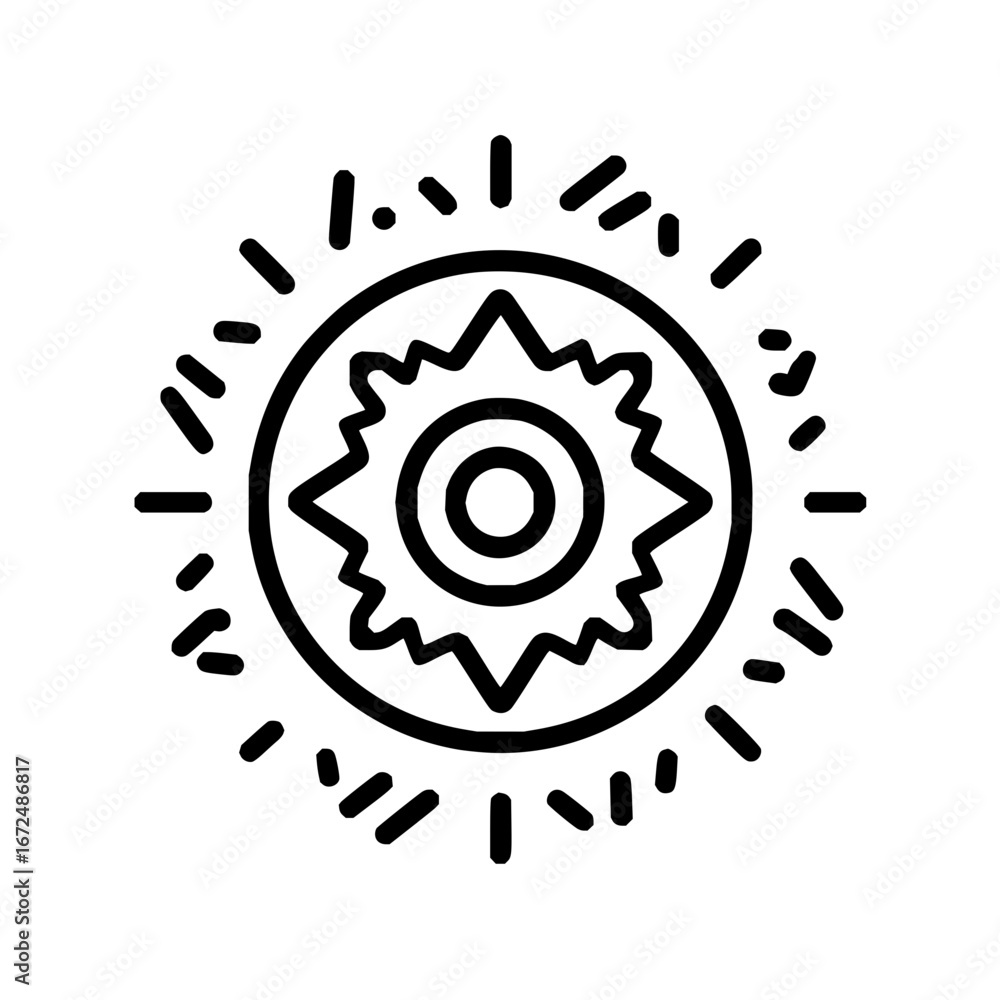 Poster an illustration of a spiky circular shape with a double circle in the center and rays around it