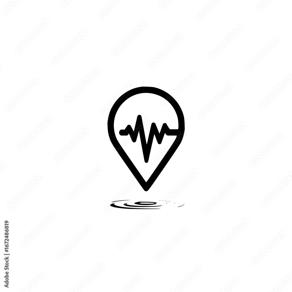 Poster a minimalistic black and white logo featuring a location pin with a heartbeat line inside it design 