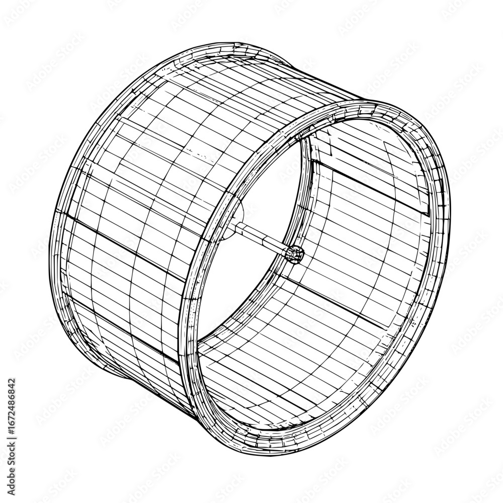 Poster isometric view of a wireframe cylinder with internal support rod on a white background design art