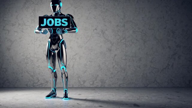 Conceptual Depiction of Artificial Intelligence and Employment Featuring Automated Machine Holding Sign Regarding Job Positions Against Textured Backdrop