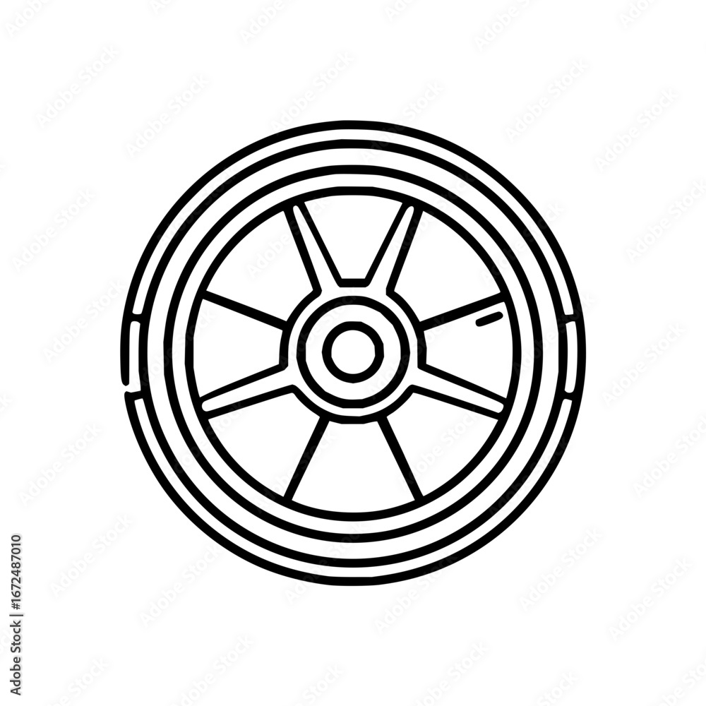 Poster illustration of a wheel with multiple concentric circles and spokes in a simple outline style design