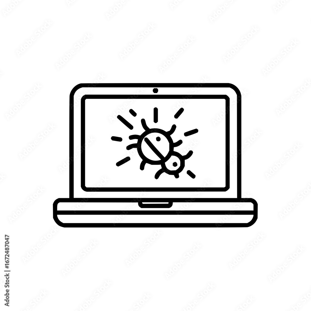 Aufkleber a laptop displaying a bug icon on its screen suggesting a virus or malware infection issue on device