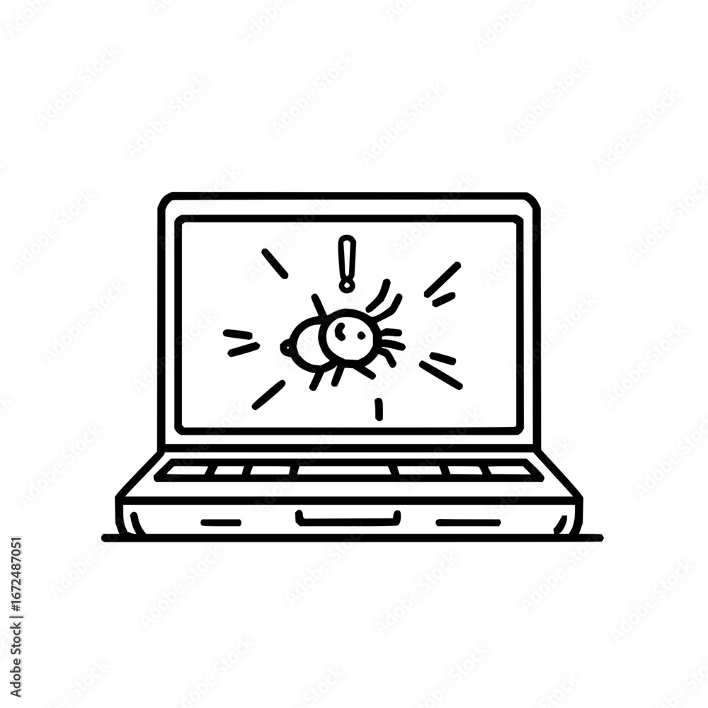 Aufkleber laptop screen displaying a spider with an exclamation mark indicating a potential malware infection 