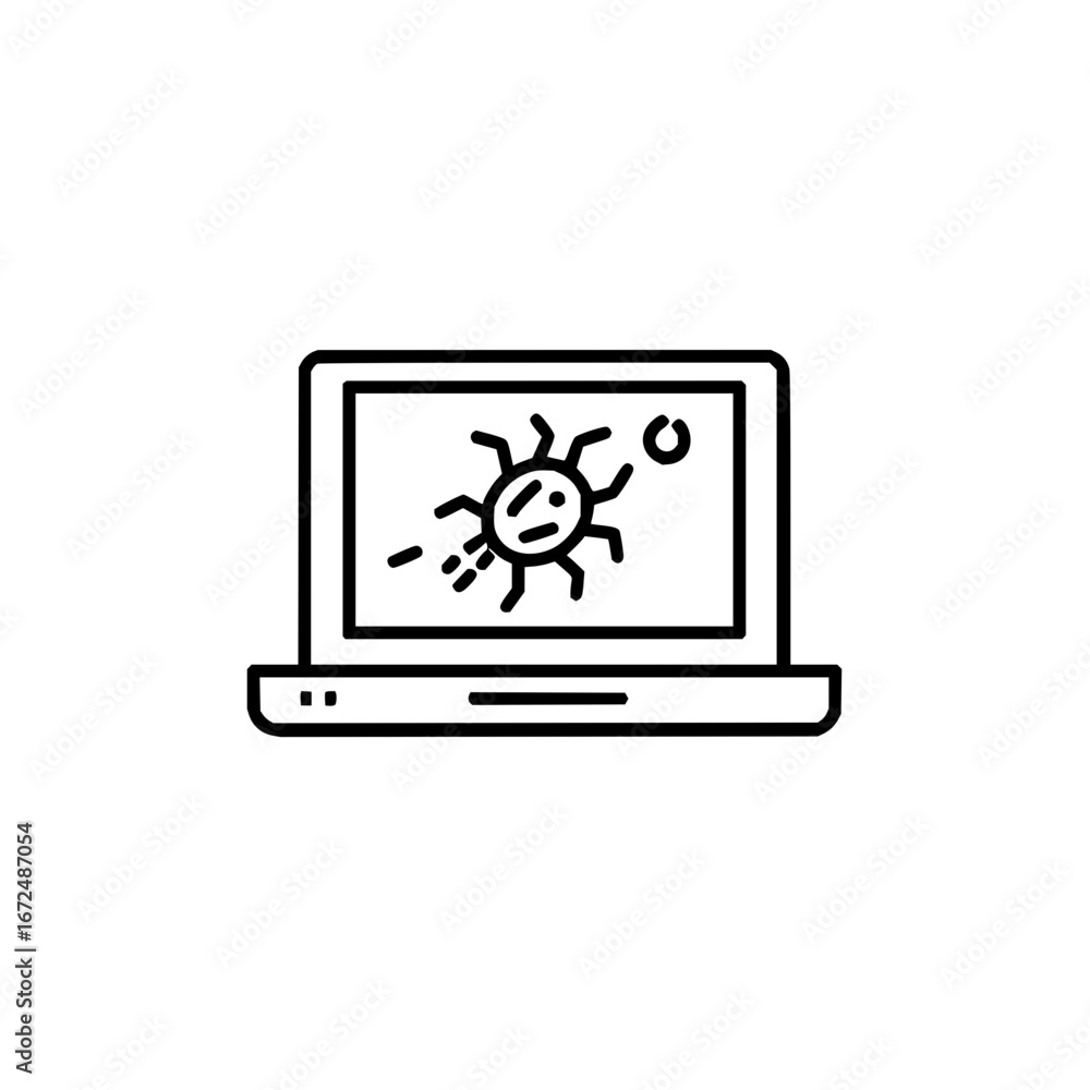 Aufkleber laptop displaying a virus icon with multiple legs and a small circle next to it on a white screen