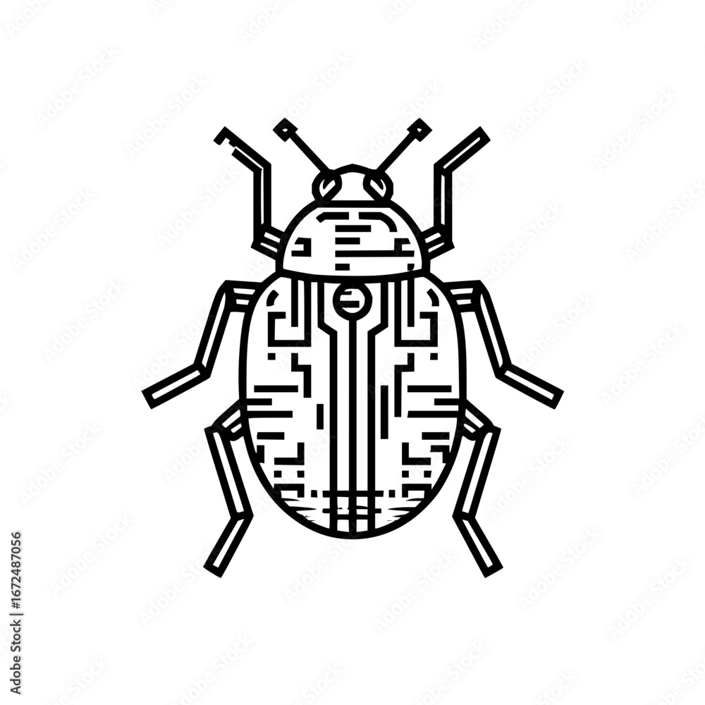 Poster a detailed line drawing of a beetle with circuit board patterns on its shell, isolated on white back
