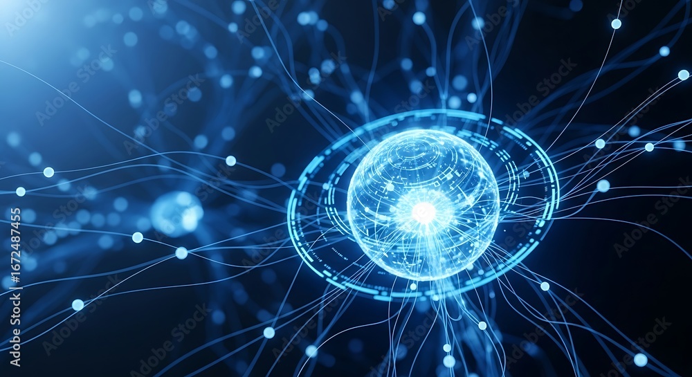 Poster stylized illustration of a neuron or brain cell with glowing connections, representing artificial in