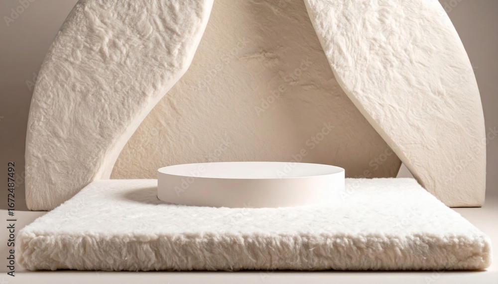 Poster minimalist white platform stage for product display with soft fluffy texture