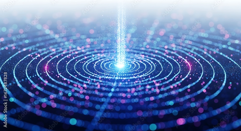 Poster abstract digital visualization of a powerful energy beam emanating from a central point, surrounded 