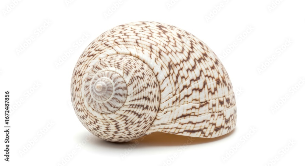 Poster a detailed close-up of a seashell with intricate patterns of light and dark brown markings.