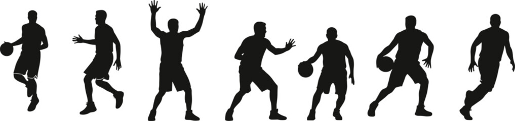 Dynamic basketball player silhouettes, sports action poses, male athletes dribbling, defending, jumping, and running, vector black and white illustration