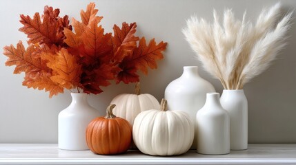 Obraz premium A warm display showcases a pumpkin, lush dried flowers, and elegant white vases, adding charm to a rustic wooden table