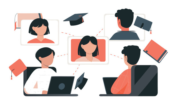 Online Classroom Concept. Vector cartoon illustration of students and teacher interacting through video conference.