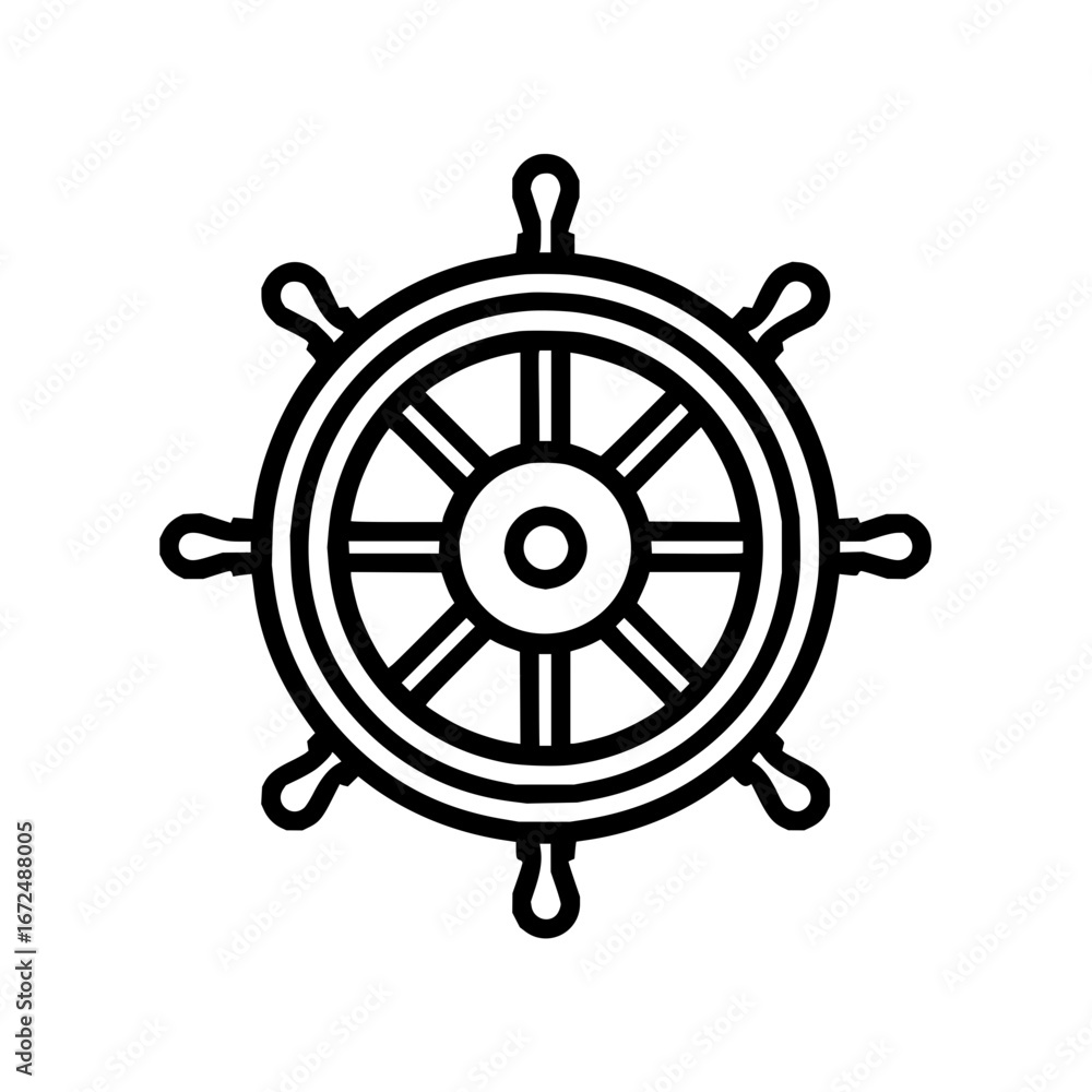 Poster a simple line drawing of a ship's wheel with handles extending outward in a radial symmetrical patte