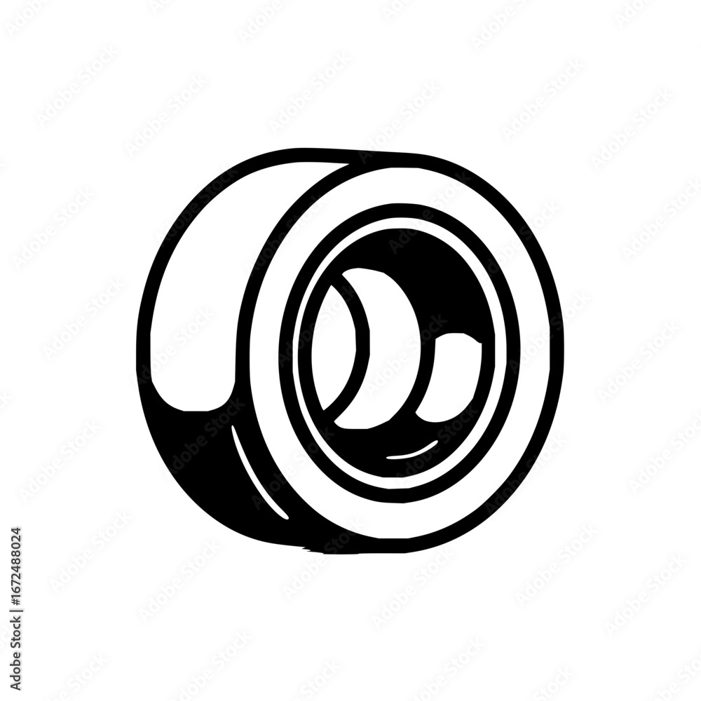Poster illustration of a stylized camera lens with internal reflections and a thick outer casing design ele