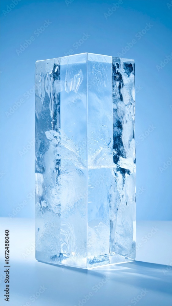 Poster rectangular clear ice block isolated against a gradient light blue background