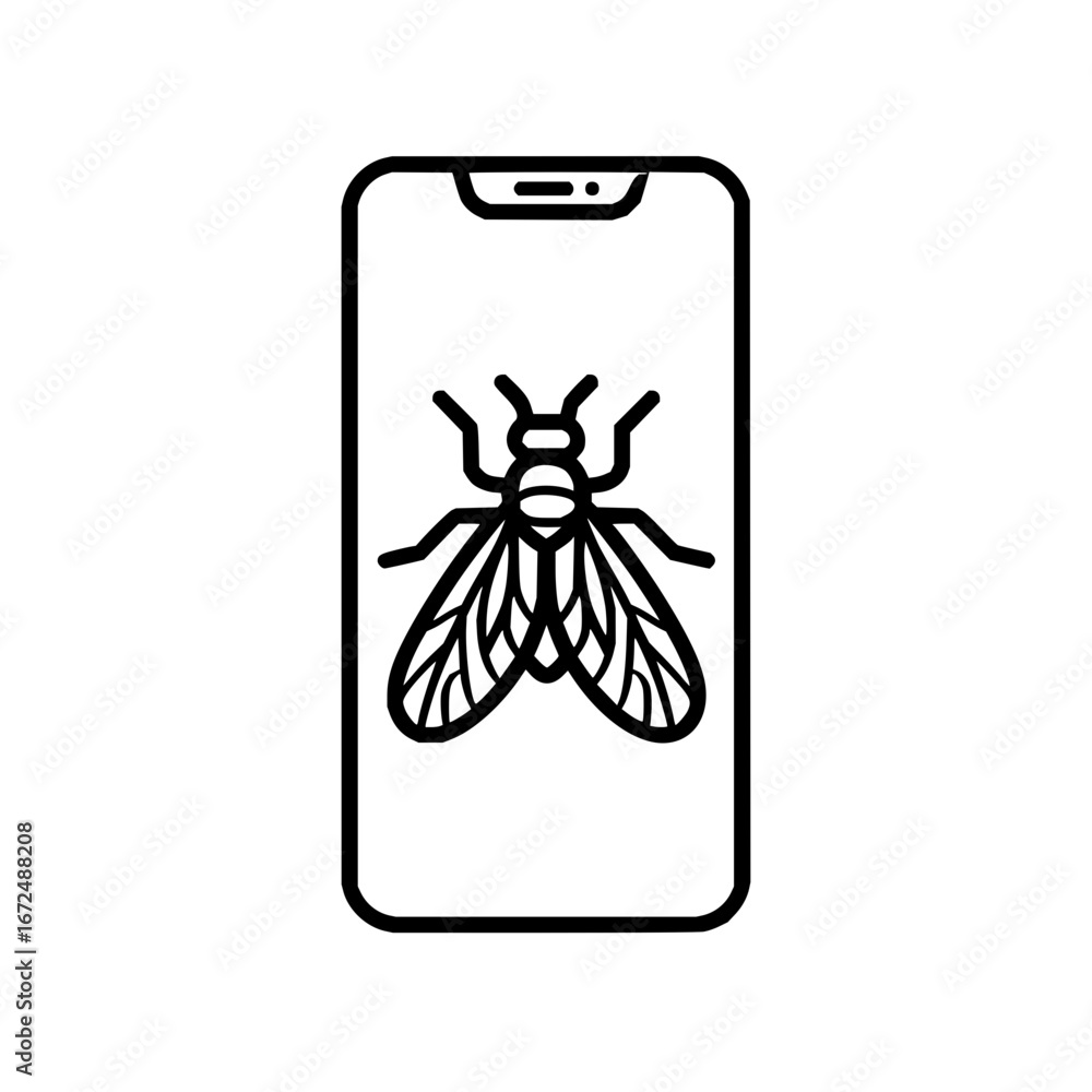 Aufkleber a black outline of a smartphone displaying an insect with wings on the screen in a simple vector gra