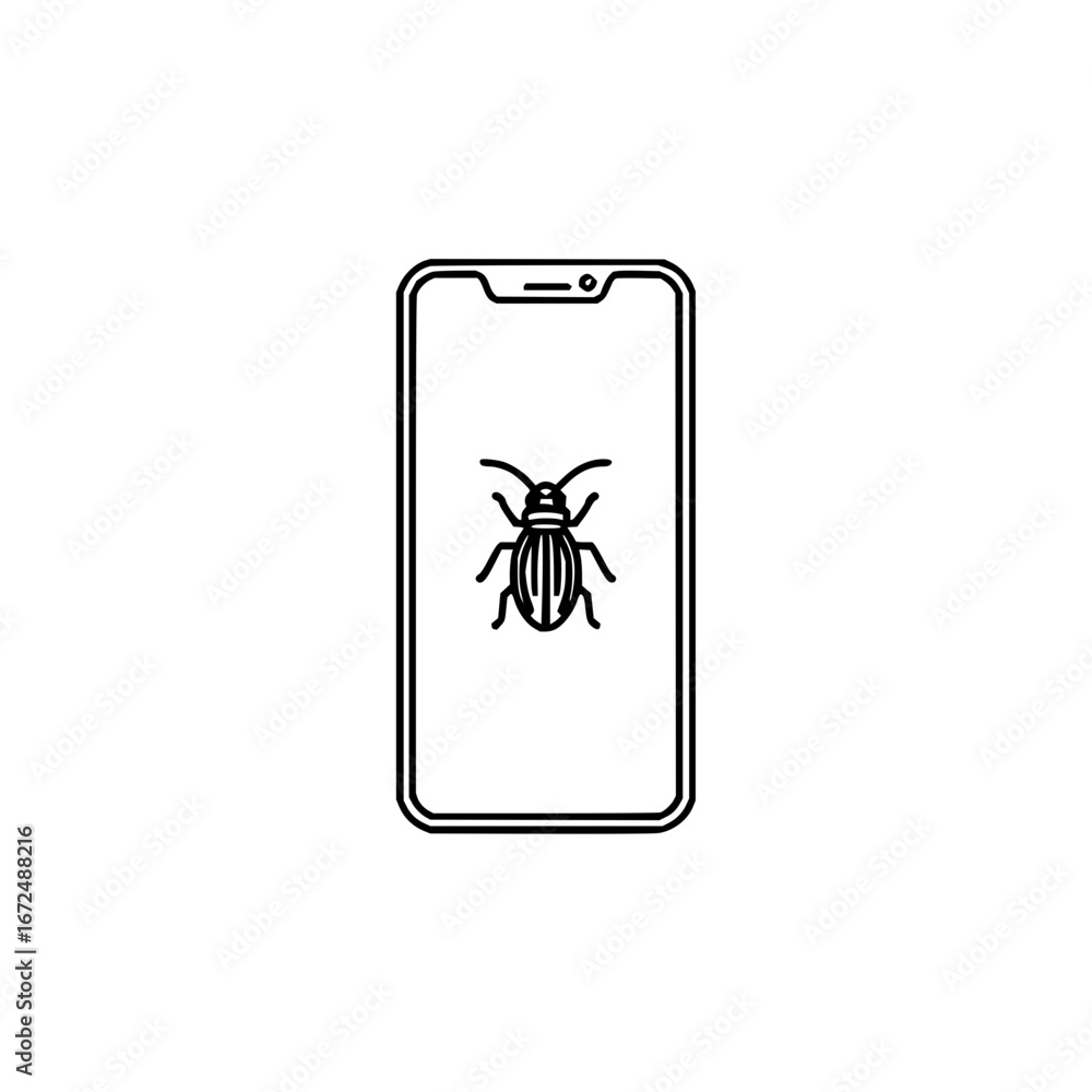 Aufkleber outline drawing of a smartphone with a beetle icon displayed on the screen in a simple black and whi