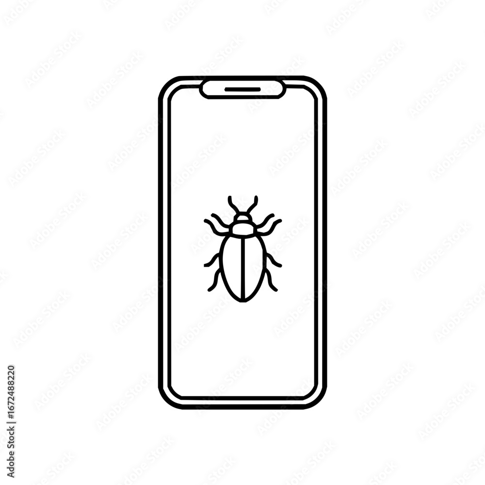 Poster bug icon displayed on a smartphone screen with a black outline against a white background isolated v