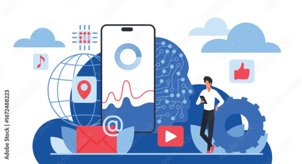 Poster modern ai cloud computing technology with smartphone, digital data, network, and user icons for inno