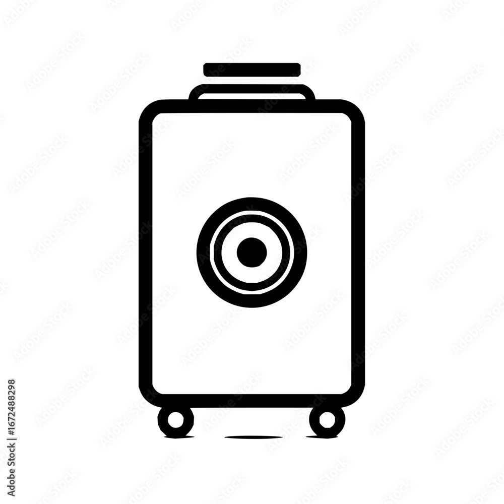 Poster a simple black and white line drawing of a suitcase with wheels and a circular design on the front
