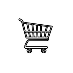A minimalist outline of a shopping cart with a basket and wheels on a plain white background view