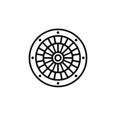 Obraz premium A stylized black and white illustration of a circular object with radiating lines and small circles around it