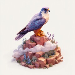 A stylized illustration of a falcon perched majestically on a rocky outcrop adorned with delicate purple flowers and wispy clouds.