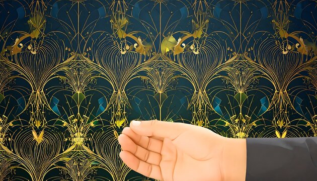 Hand extending over ornate pattern