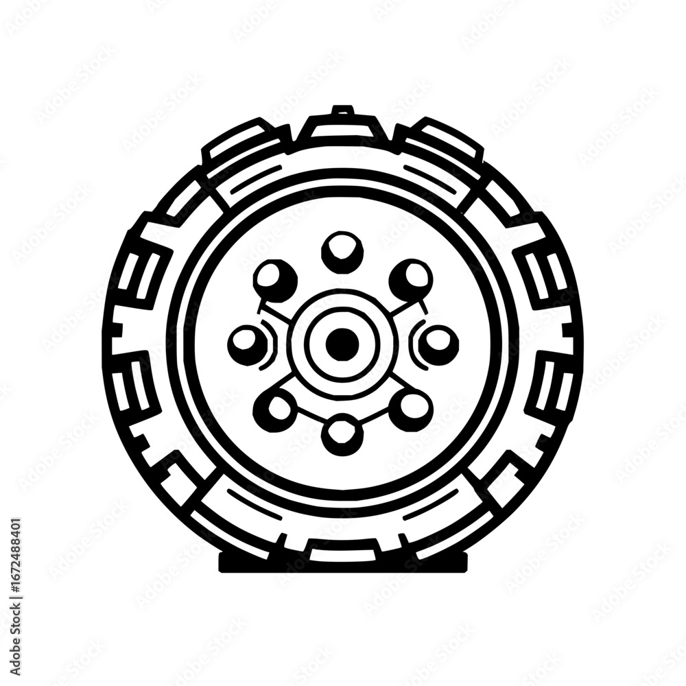 Poster illustration of a stylized tire with a complex tread pattern and circular center detail in black and