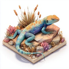 Colorful lizard figurine on a desert-themed display base with succulents and grasses.