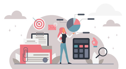 Businesswoman analyzing audit data with charts, calculator, documents, and cloud elements for financial review, accounting, and reporting purposes isolated on white background vector illustration