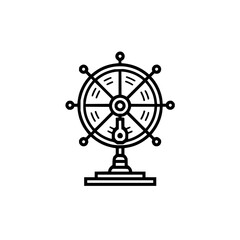 Obraz premium Illustration of a black and white ship wheel with a stand and spokes on a white background design drawing