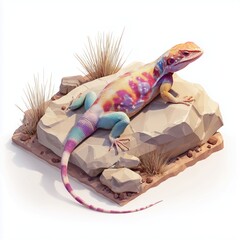 Colorful lizard on rock diorama, detailed 3D render.