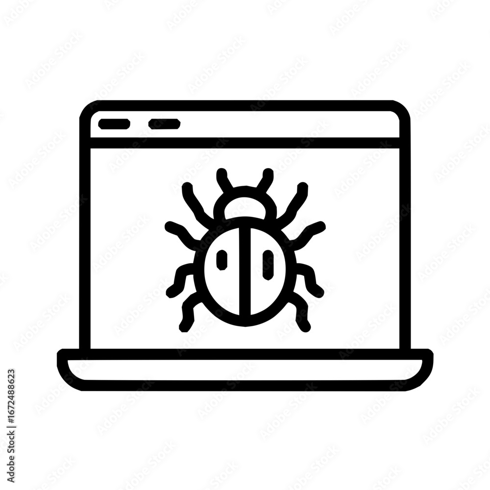 Aufkleber laptop displaying a bug icon indicating a computer virus or malware infection on the screen device v