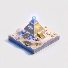 Low-poly isometric model of a glowing pyramid in the desert.