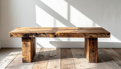 Rustic Wooden Bench with Weathered Texture in Sunlit White Room with Hardwood Flooring