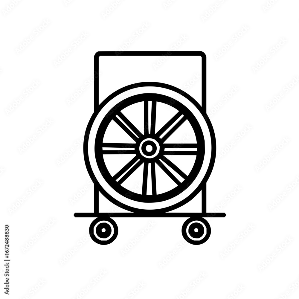 Poster a simple black outline drawing of a cart with a large spoked wheel centered on the platform design