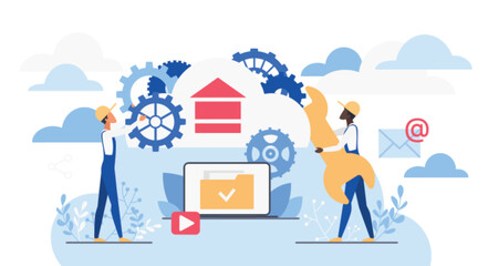 Cloud computing teamwork with gears, wrench, and digital data management for online service, storage, and maintenance solutions isolated on white background vector illustration