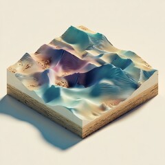 Isometric view of a stylized desert landscape, featuring colorful sand dunes and layered terrain.