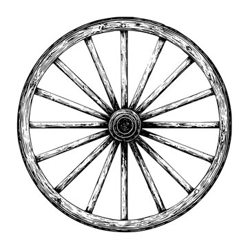 Illustration of a vintage wooden wagon wheel with spokes and a central hub in black and white style