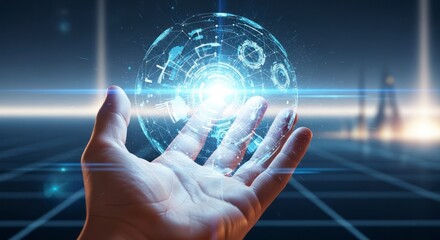 A hand holds a glowing, holographic sphere displaying intricate, digital network patterns against a futuristic backdrop.