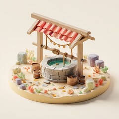 Miniature diorama of a charming wishing well with a pink tiled roof, set on a sandy, coral-strewn circular base.