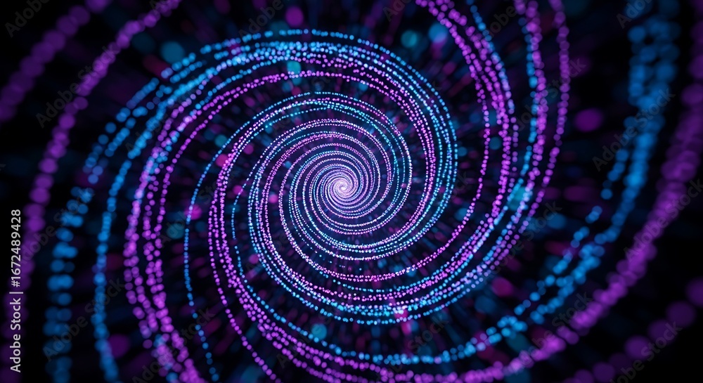 Poster abstract swirling vortex of blue and purple glowing particles creating a mesmerizing tunnel effect, 