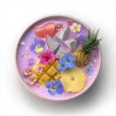 Vibrant tropical fruit smoothie bowl with edible flowers.