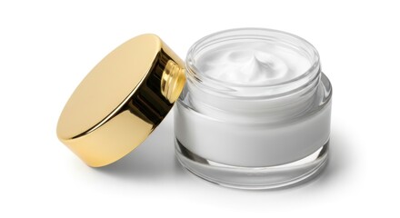 A glass jar of creamy facial moisturizer with a gold lid, showcasing a smooth texture and high-quality presentation.