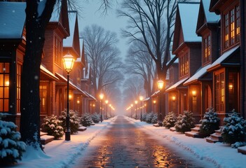 enchanting winter street scene glimmering icy rain droplets sparkling snowflakes amidst calm city environment, urban, landscape, neighborhood, sidewalk