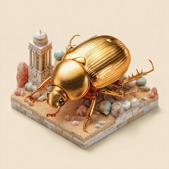 A golden scarab beetle statue with intricate details, set on a sandy platform with architectural elements.