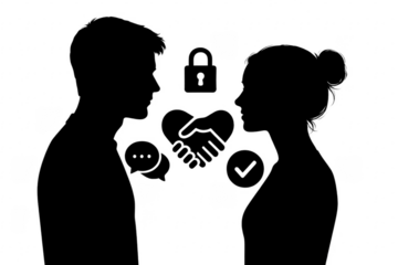 Couple silhouette communicating with agreement and security icons on transparent background