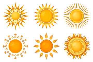 Fototapeta premium A vibrant collection of stylized sun illustrations, showcasing diverse designs and glowing rays, perfect for summer themes, weather apps, or cheerful decorative graphic elements